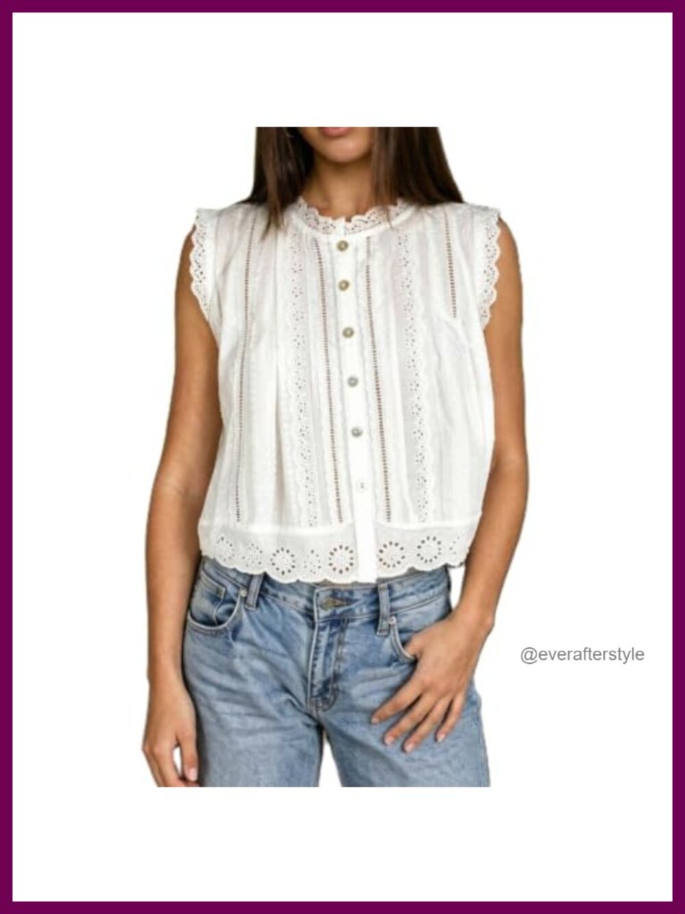 Semi Sheer Eyelet Embroidery Sleeveless Button Down Cropped Blouse